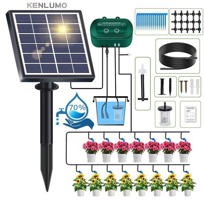 Kit de sistema de riego por goteo automático con energía solar KENLUMO, 12 modos de temporización con manguera de 15 m.