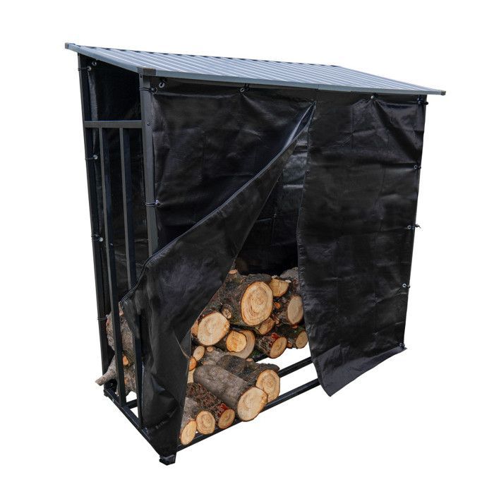 Leñero con techo inclinado - Capacidad: 3 metros cúbicos - Longitud: 186 cm - Refugio exterior para almacenar leña - Funda protectora