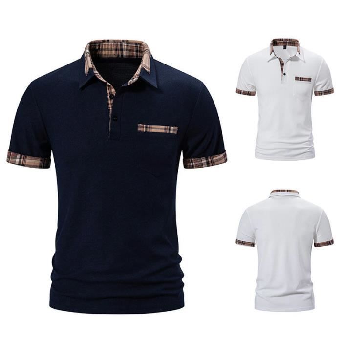 Men's Short Sleeve Polo Shirt, Regular Fit, Contrasting Casual Polo Shirt with Pocket - EU Size - Navy Blue