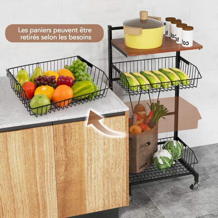 Carrito de servicio COSTWAY de 4 niveles con 3 cestas extraíbles, altura ajustable, carrito de cocina rodante para frutas y verduras.
