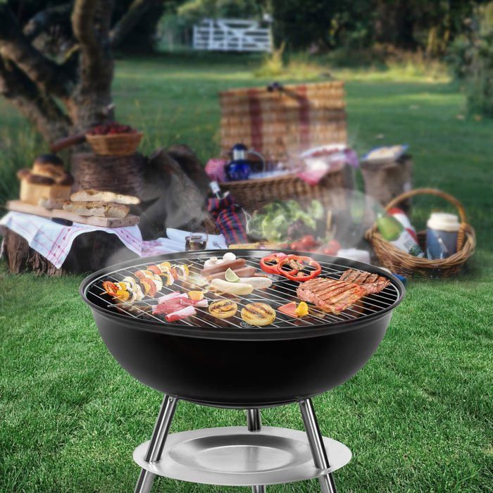 SunJas Charcoal Barbecue with Lid, Portable BBQ Grill for Garden or Balcony - Round φ33CM