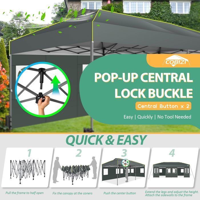 Gazebo dobrável 3x6, gazebo de jardim para exterior, tenda impermeável para festas com 6 painéis laterais, cinza