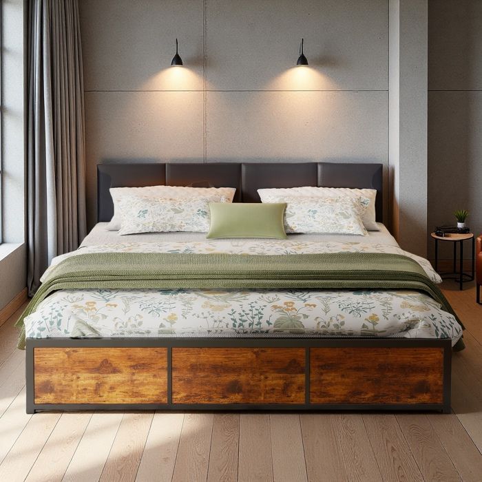 Cama doble para adultos de 180x200 cm - Almacenamiento integrado - Cajones - Iluminación LED conectada - Estilo industrial negro