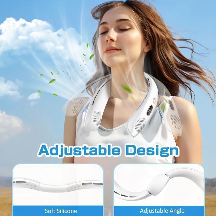 Ventilateur de Cou Portable,3000mAh Rechargeable USB,3 Vitesses et Affichage LED,pour Bureau Domicile Voyage En Plein Air(Blanc)
