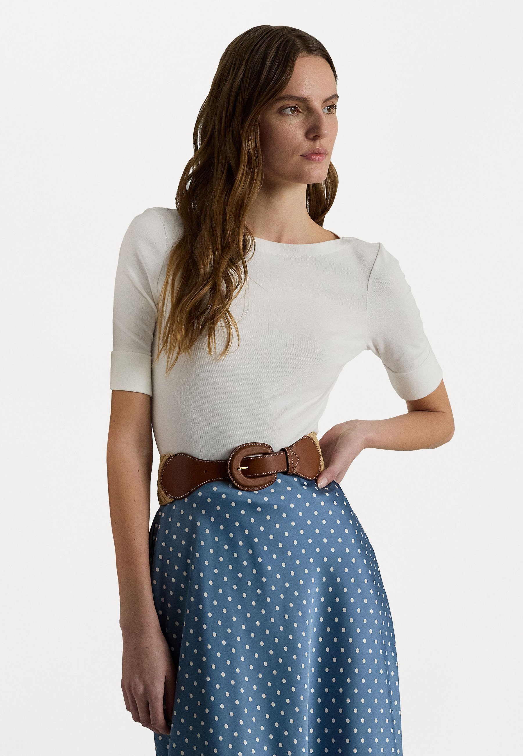 Lauren Ralph Lauren STRETCH KATOENEN T-SHIRT MET BOOTHALS - Basic T-shirt - bianco