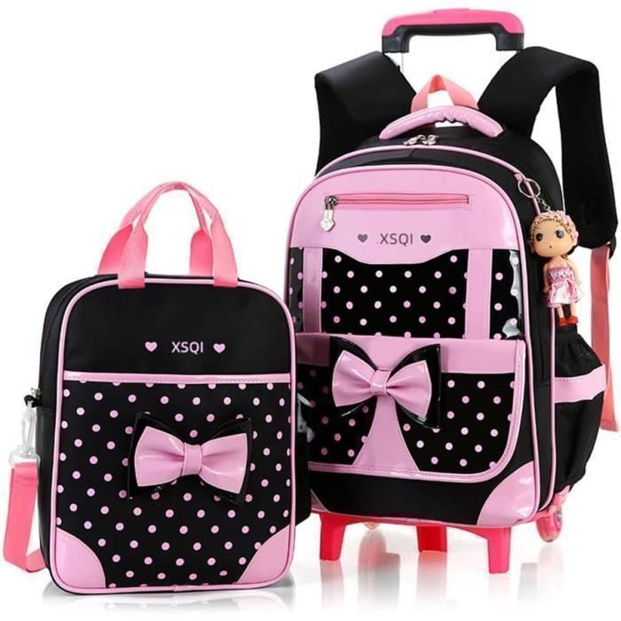 Estuche con ruedas y mochila escolar para niñas - MEGAWISE - Negro y rosa - 2 ruedas - Lazo