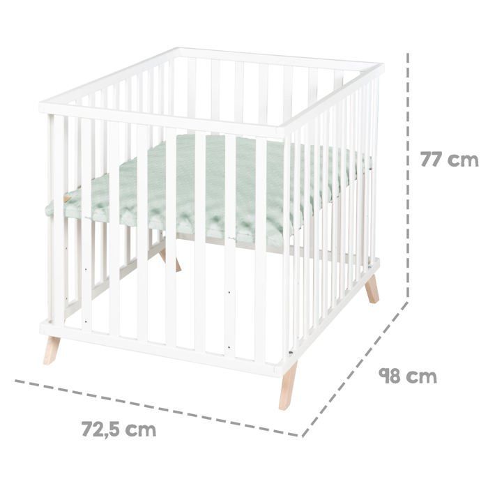 Parque infantil para bebés - ROBA - 75 x 100 cm - Incluye alfombra de juego 'Lil Planet' verde mate - Blanco