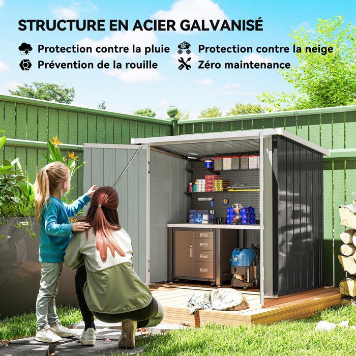 Caseta/cabaña de jardín - Outsunny - 1,09 m² para almacenamiento de herramientas, 2 puertas con cerradura - chapa de acero - 147x86x134cm - blanco y negro
