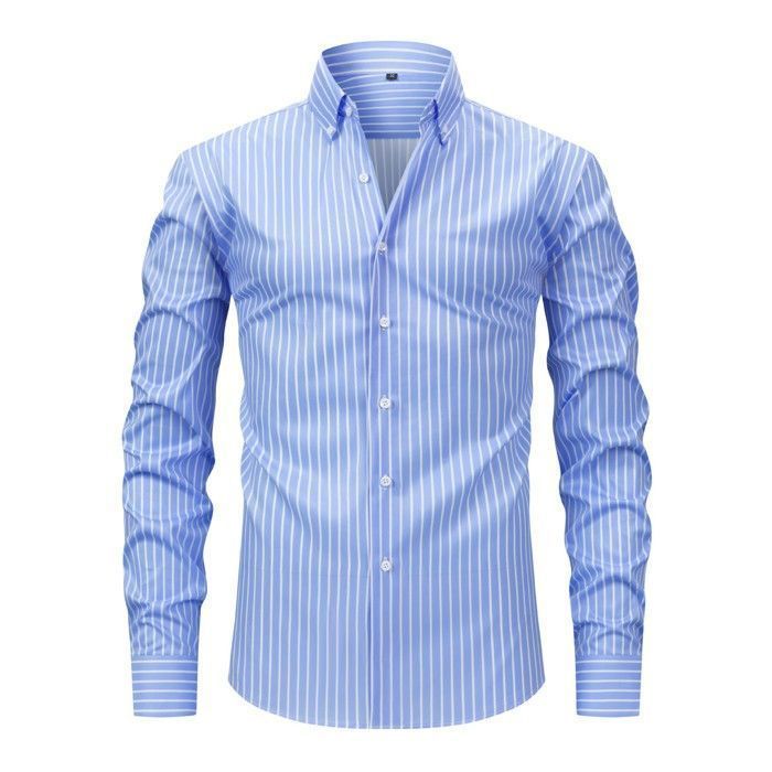 Camisa casual de manga larga a rayas para hombre, elástica, corte regular, cómoda, tallas grandes - Talla europea - Azul cielo