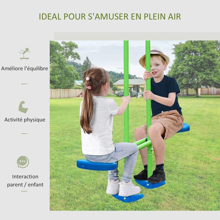 Balançoire - Outsunny - 3 agrès portique -  avec 2 balançoires - 2,8L x 1,4l x 1,78H m - métal époxy anticorrosion PE - Vert Bleu