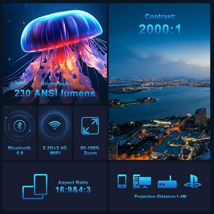 Videoproiettore portatile 4K - SUTEO - 3840x2160 - WiFi 6 - Bluetooth 5.4 - Android 11