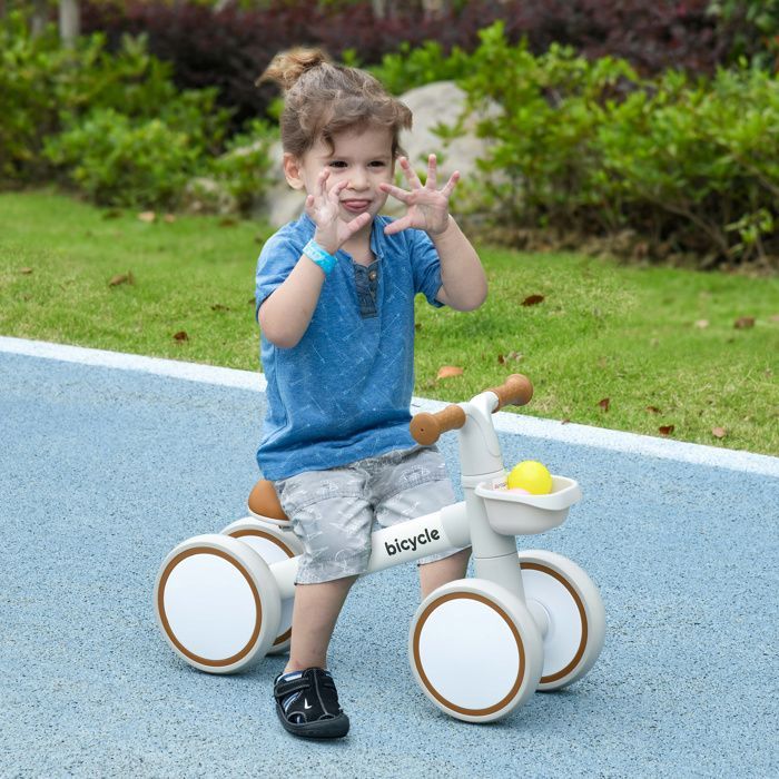 AIYAPLAY Loopfiets met 4 wielen voor kinderen - Verstelbaar zadel - Ergonomisch stuur - Aluminiumlegering, PP - Leeftijd 1-3 jaar - Bruin/Wit