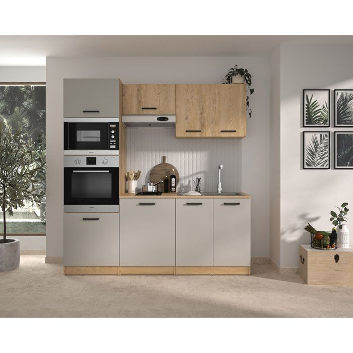 ALPAGA - Cucina completa - Rovere Silva / Greige - 200 x 60/31 x 211 cm - Con colonna forno e piano di lavoro - GAMI