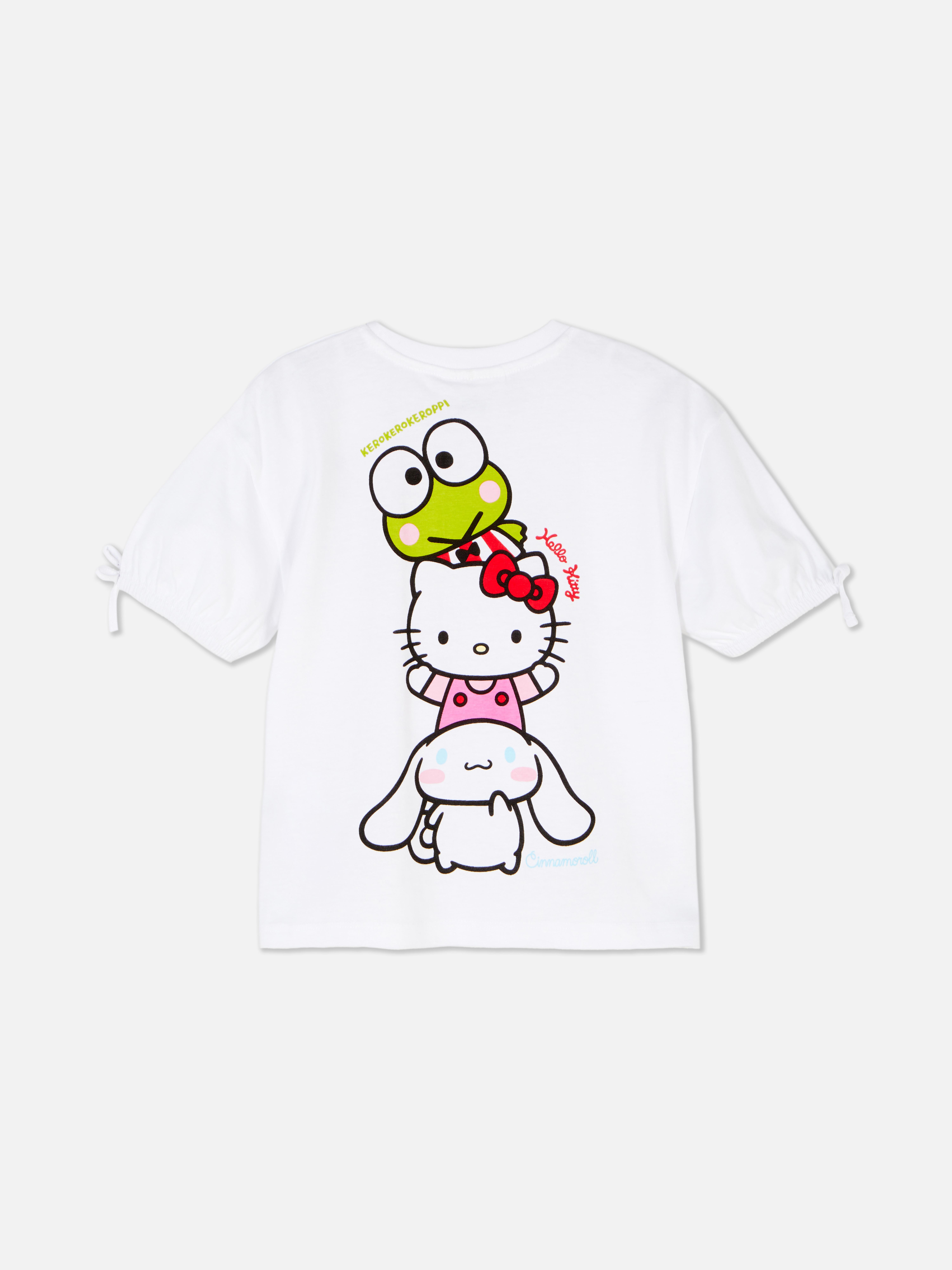 Hello Kitty und Freunde Kurzarm-T-Shirt Ein T-Shirt mit Rundhalsausschnitt, Schleifenbündchen und Hello Kitty-Aufdruck auf Vorder- und Rückseite