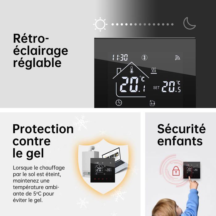 Termostato intelligente WiFi per caldaia a gas - programmabile, compatibile con Alexa/Google Home, contatto 3A, nero
