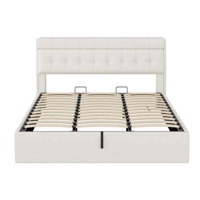 Tweepersoons gestoffeerd PU-bed 180x200, hydraulisch bed met verborgen opbergruimte naast het bed, opbergbed voor volwassenen met lattenbodem en hoofdeinde, wit