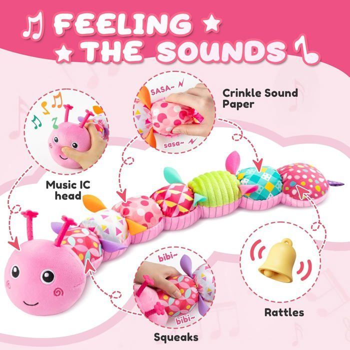 Oruga de peluche musical para bebés de 0 a 12 meses, multisensorial, con sonido crujiente, sonajeros y texturas, un compañero ideal.