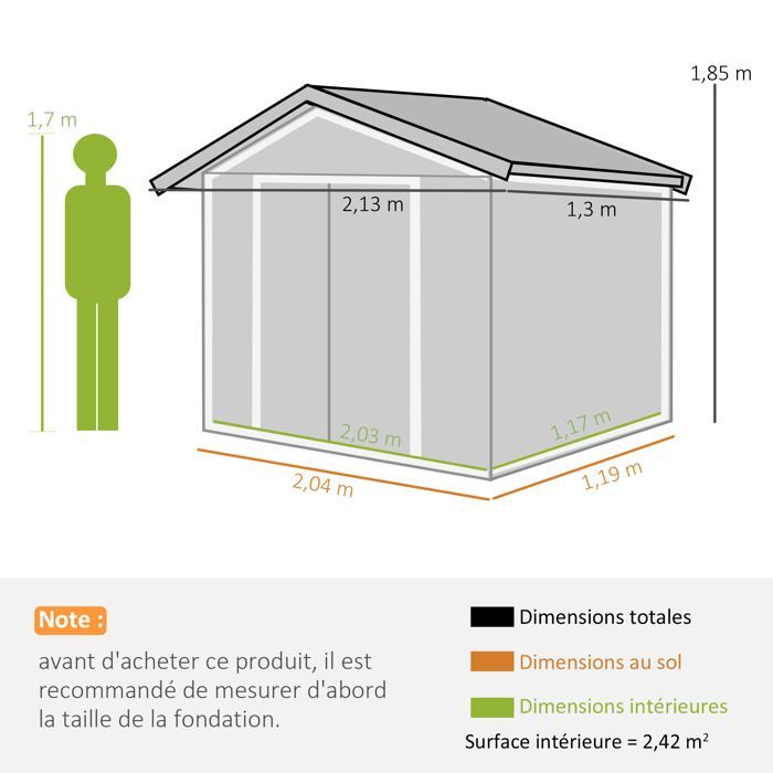 Caseta de jardín Outsunny con kit de cimentación, puerta con cerradura, 213 x 130 x 185 cm, chapa de acero, color caqui.