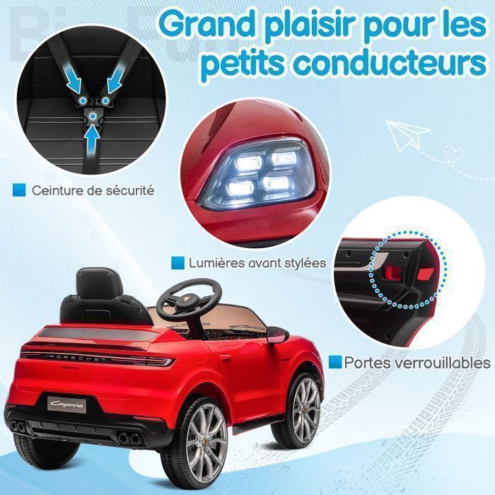 Voiture Electrique pour Enfant 12V, effets sonores et Lumineux, Porsche Cayenne - 103 x 63 x 54 cm Rouge
