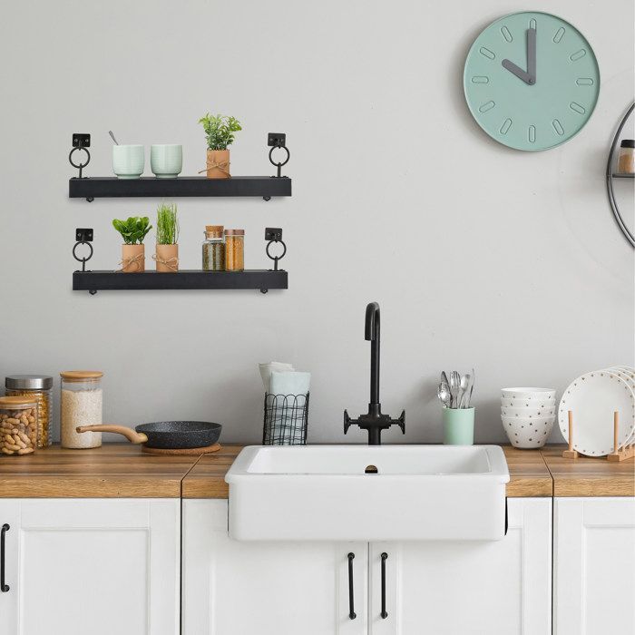 Estantes de pared Relaxdays, juego de 2, Alto x Ancho x Profundidad: 13 x 48 x 12 cm, Montaje en pared, Almacenamiento decorativo, MDF y metal, Negro