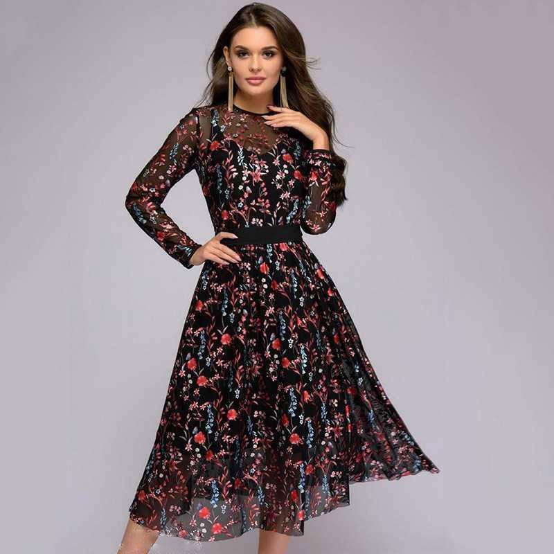 robes d'été femme décontractées à imprimé floral col rond, robes femme manches longues longueur genou robe grande taille femme