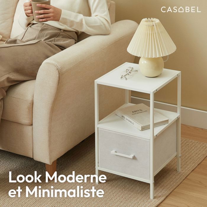 CASABEL Lot de 2 tables de chevet blanches avec tiroir en tissu renforcé, métal et bois, 30×30×50cm, table d’appoint