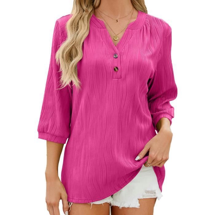 T-shirt da donna con scollo a V e bottoni, maniche a 3/4, vestibilità comoda e rilassata, tinta unita, ideale per l'estate - Rosa