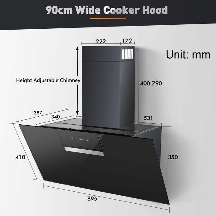 60cm Cooker Hood - Angled Kitchen Hood - 800 m³/h - 2 Carbon Filters - Recirculation & Extraction - Black