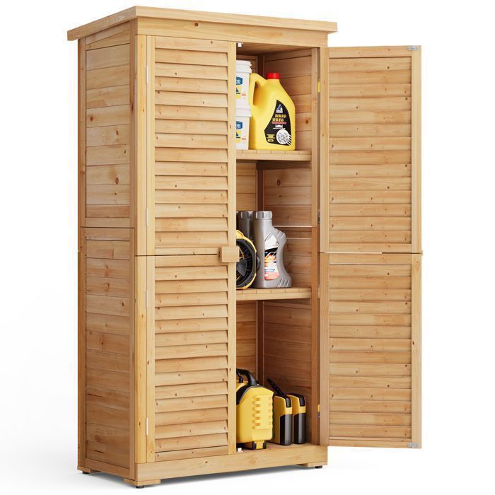 Mobile da giardino Bealife - Mobile contenitore in legno per esterni - 3 ripiani - 2 ante - Tetto inclinato - 76x42x160,5 cm - Cassapanca gialla