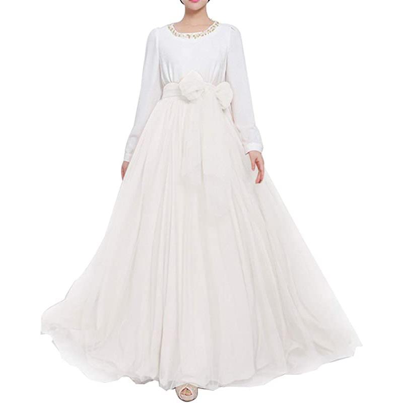 Jupe longue maxi bouffante en tulle pour femme, coupe trapèze, ceinture à nœud papillon, taille haute, idéale pour une soirée de mariage.