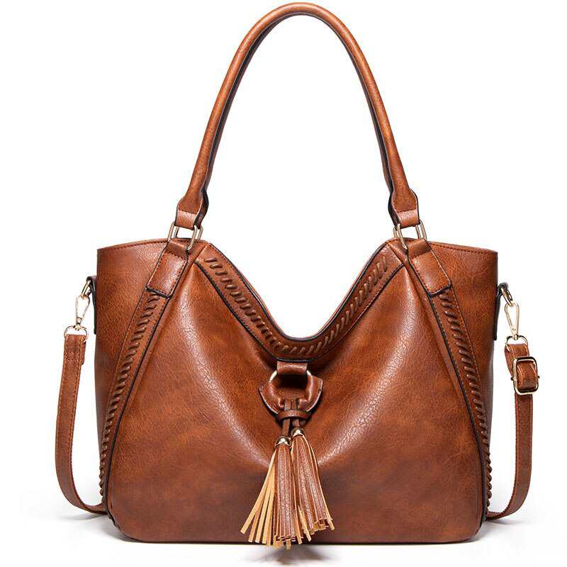 Sac à main de luxe pour femme, style vintage, en cuir brillant, bandoulière, grande capacité, poignée supérieure, finitions à franges de haute qualité.