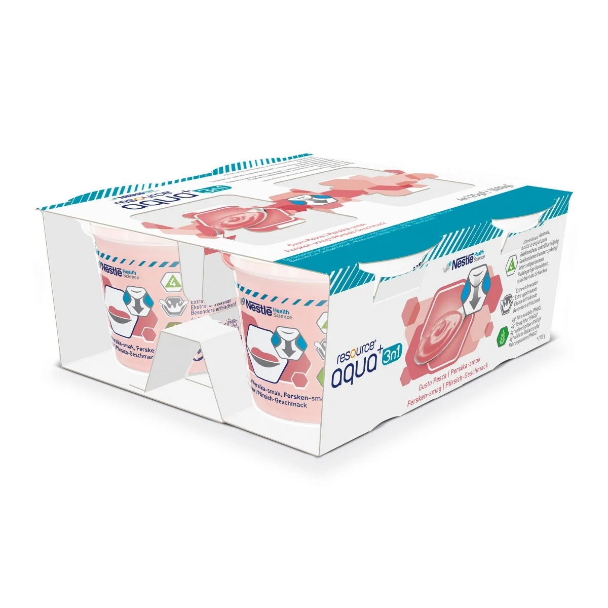 NESTLÉ Resource Aqua+ 3-in-1 perzikgelatinedrank met vezels 4 x 125 g