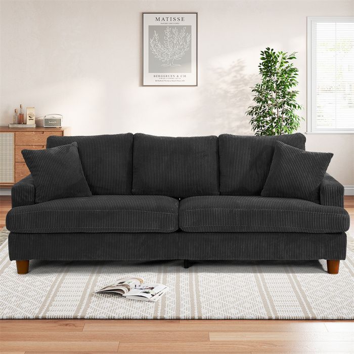 Sofá grande de 3 plazas en pana negra, estilo escandinavo, con 3 cojines y 2 almohadas para salón, 220 × 76 × 84 cm.
