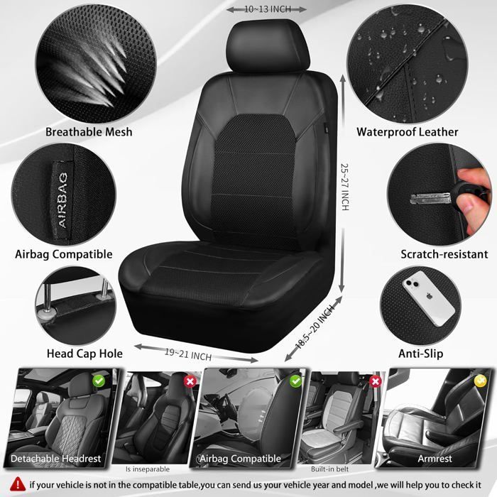 Conjunto de 4 capas universais para bancos de carro, em couro PU respirável, na cor preta.