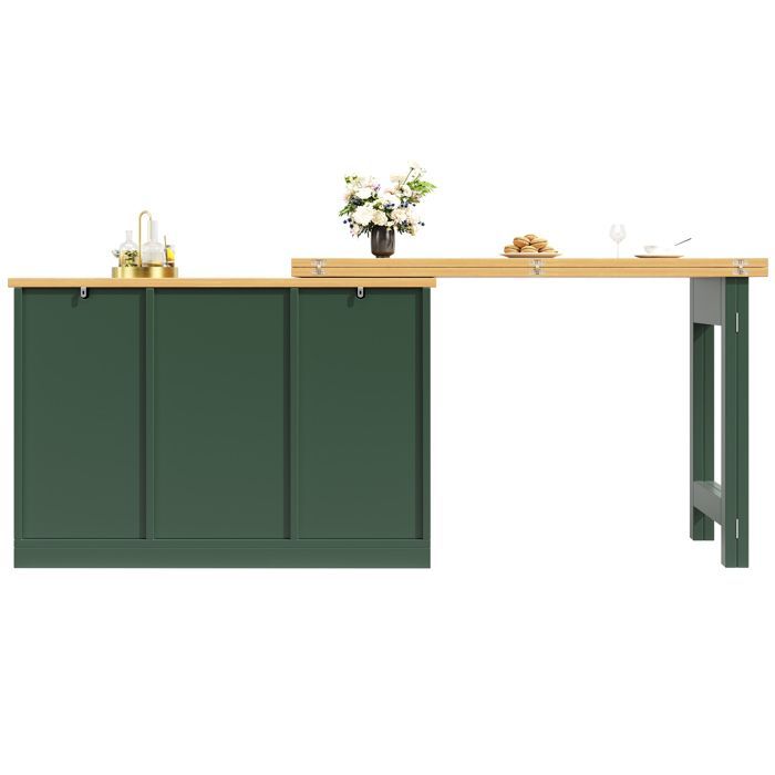Îlot de Cuisine Extensible 120-180 cm avec Rangement et Porte-Bouteilles, Table de Repas Pivotante 360°, Table Haute, Vert