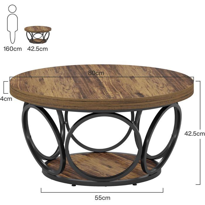 Tribesigns ronde salontafel met 2 plateaus, 80 cm houten woonkamertafel, metalen frame, industriële stijl, rustiek bruin