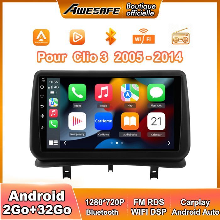 AWESAFE Autoradio Android 13 2Go+32Go pour Renault Clio Ⅲ 2005-2014 avec 9''écran Tactile Carplay GPS WiFi Bluetooth Android Auto