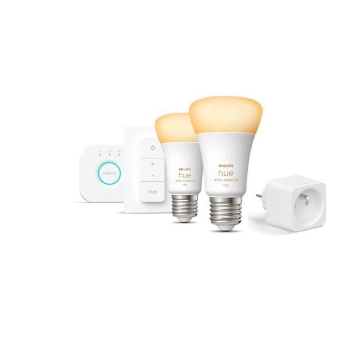 Kit de inicio de bombillas LED inteligentes PHILIPS Hue blancas - 10,5 W - Paquete de 2 bombillas E27 - Control remoto Hue - Puente - Enchufe inteligente