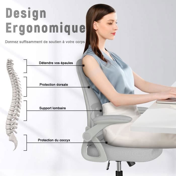Chaise de Bureau - Rattantree Ergonomique Siège - Fauteuil avec accoudoir rabattable à 90° - Support lombaire - Réglable en hauteur