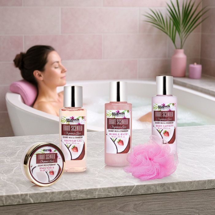 BRUBAKER Cosmetics - Conjunto para Banho e Chuveiro - Coco/Morango - 5 Peças - Ideia para Presente