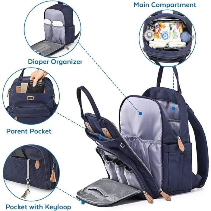 Zaino fasciatoio grande Dikaslon con fasciatoio e clip per ciuccio, cinghie per passeggino - Borsa maternità (blu navy)