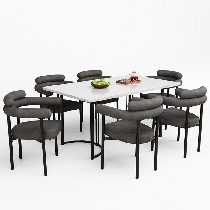 Modern Rectangular Kitchen Table and Chair Set (7 Pieces), with 6 Grey Velvet Chairs, Black Table Legs