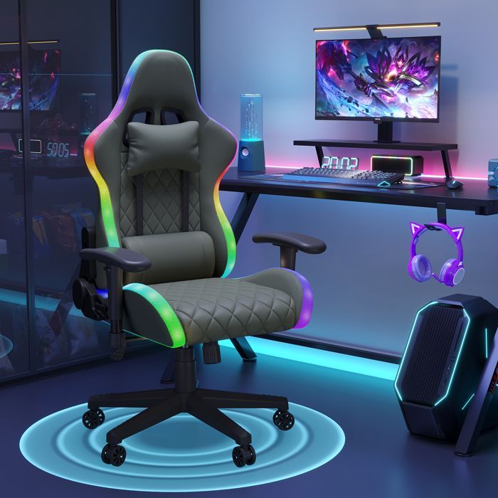 Gamingstoel, Gamingstoel, Draaibare gamingstoel, Massagefunctie en hoofdsteun, LED-verlichting, Verstelbare armleuningen, Zwart