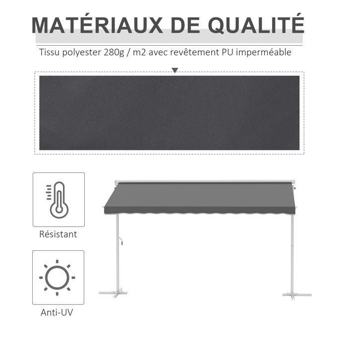 Store Double Pente 4 x 3 m Manuel rétractable Inclinaison réglable métal époxy Blanc Polyester imperméabilisé Anti-UV Gris