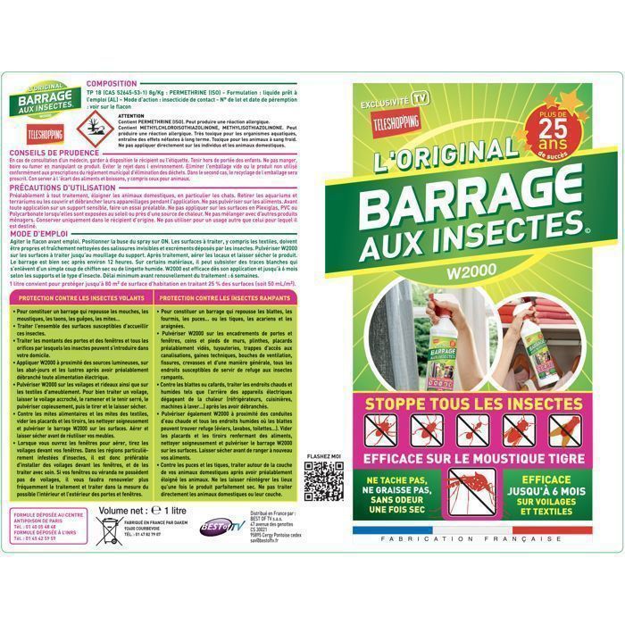 Barrage aux Insectes W2000 - Lot de 4x1L avec 2 Vaporisateurs - Stoppe tous les Insectes Volants et rampants