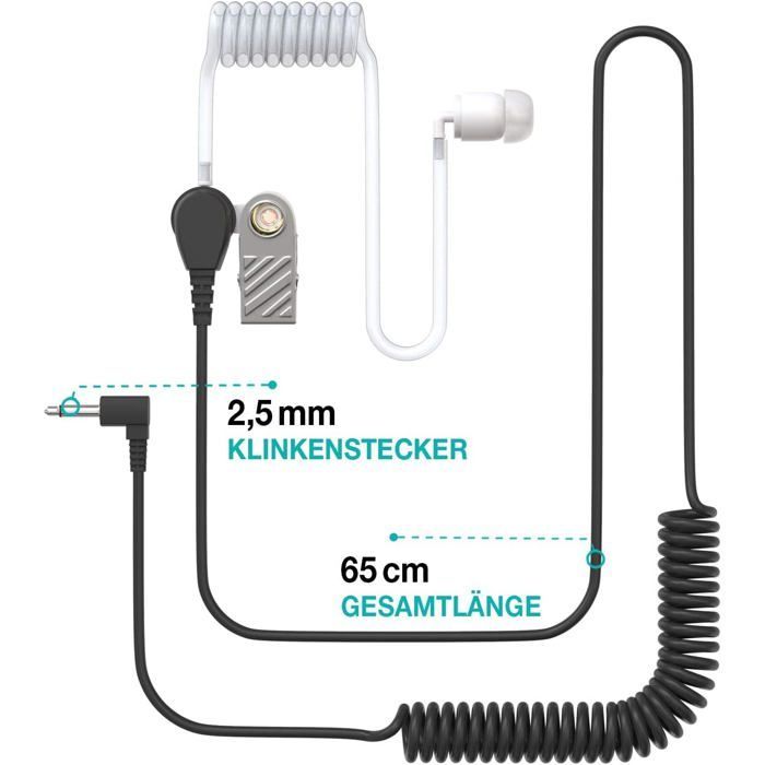 Single-sided in-ear earphone with transparent acoustic tube, 2.5 mm jack and earphone clip for use with hearing aids.