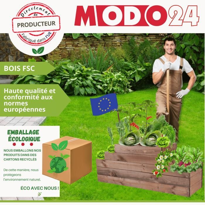 MODO24 ZP09 Carré potager surélevé en escalier modulable, bois de pin, herbes/légumes, jardin/terrasse/balcon, 9x30x30 cm, naturel