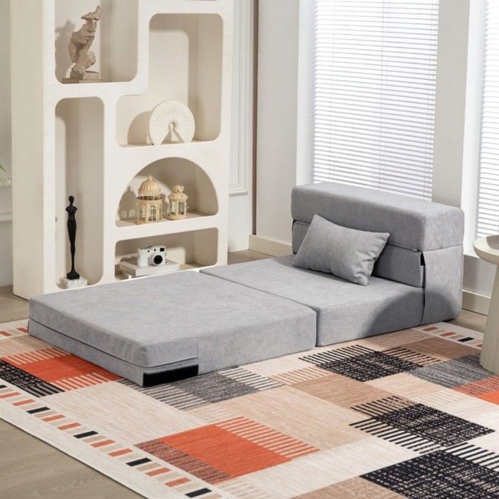 Canapé de sol convertible en matelas, mousse confortable, coussins amovibles, revêtement gris clair, idéal pour jardin ou intérieur