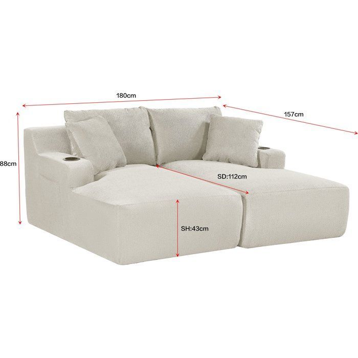 Sofá modular comprimido - 2 plazas - MARTY - Tela gris claro - Almacenamiento y portavasos - 180 x 157 x 88 cm