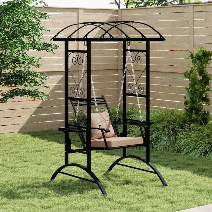 COSTWAY Balancelle de Jardin avec Toit Arqué & 2 Treillis pour Plantes, Tables Latérales, Coussins Amovibles